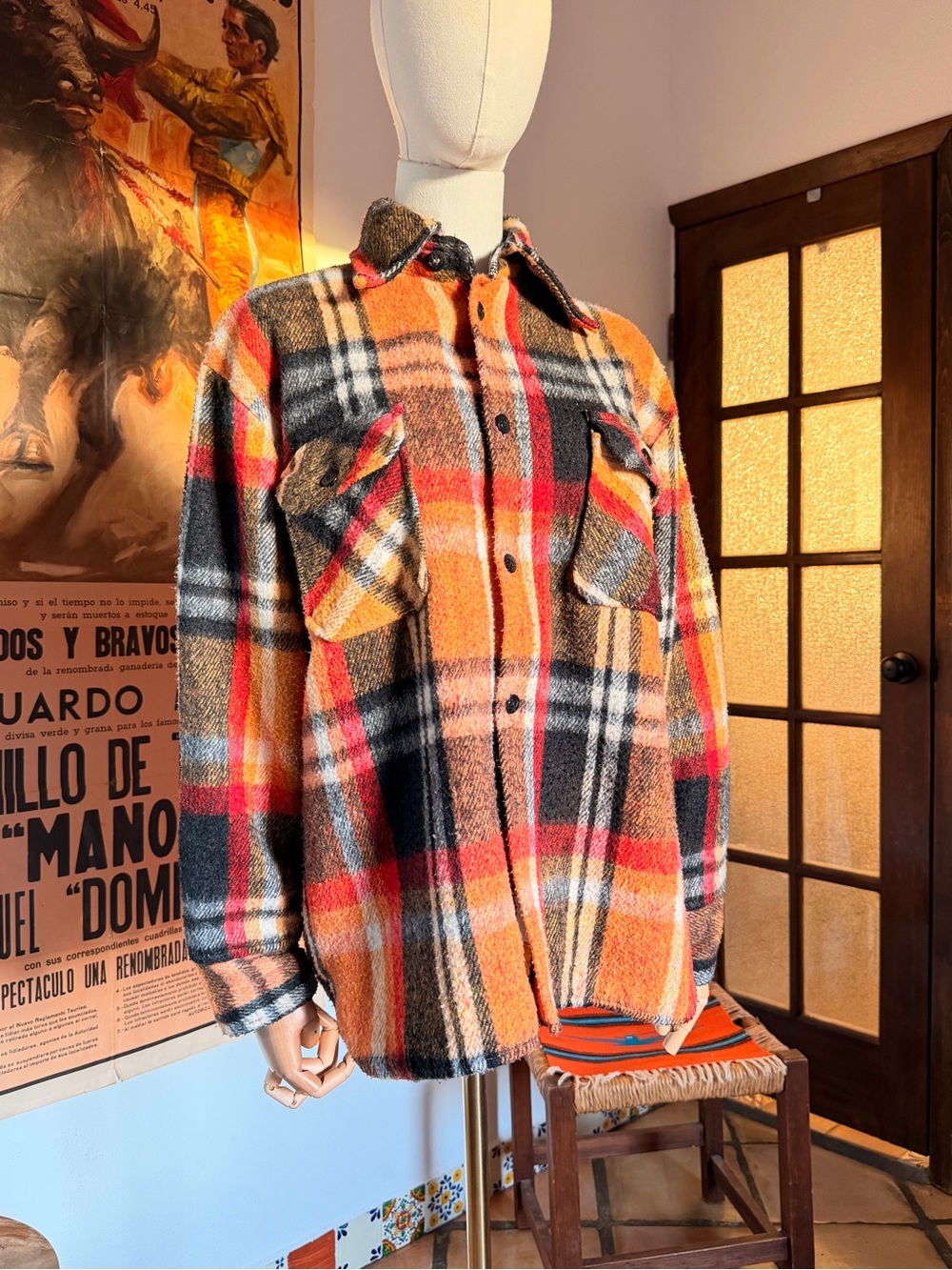 Vintage 70s Renaultable By King Arthur Plaid Wool Shacket in Orange and Red L